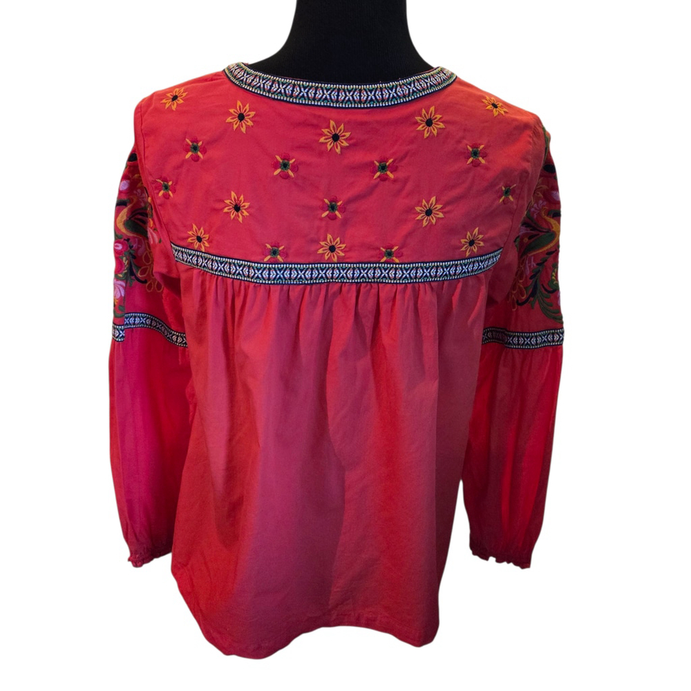 Crown & Ivy Red Embroidered Boho Peasant Top Floral Long Sleeve Blouse Size S - Picture 3 of 5